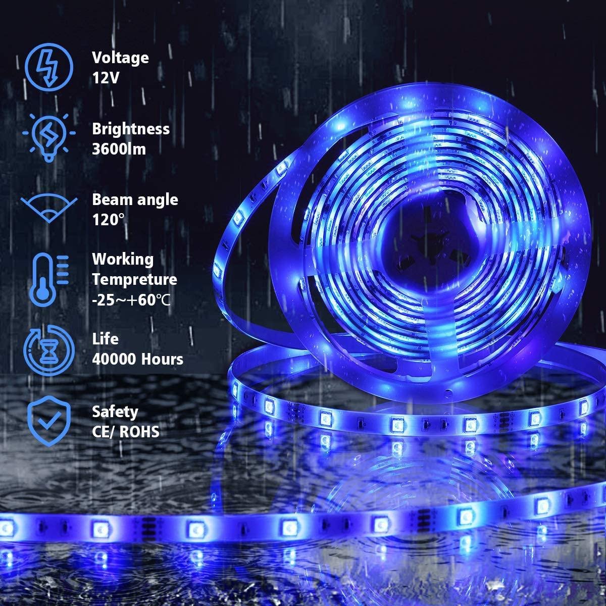 5050 RGB LED Strip Lights 5m, 300PCS, Waterproof, 20 Colors, 6 Modes, IR Controller - SuperSaverAU - view 3