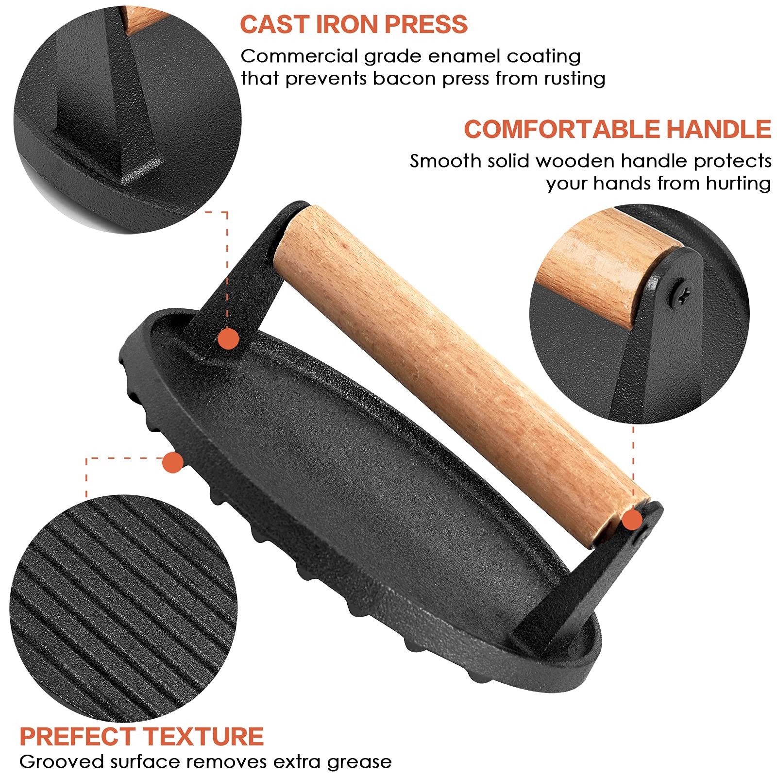 Premium Round Cast Iron Grill Press with Wooden Handle - Pre-Seasoned