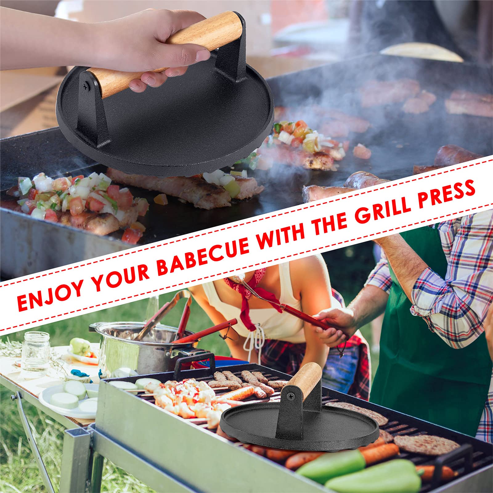 Premium Round Cast Iron Grill Press with Wooden Handle - Pre-Seasoned