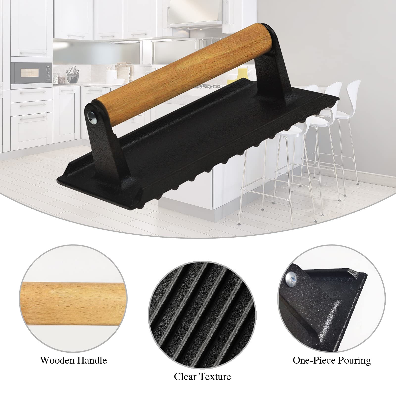 Heavy Duty Cast Iron Grill Press with Wooden Handle, Pre-Seasoned, 1x - SuperSaverAU - view 2
