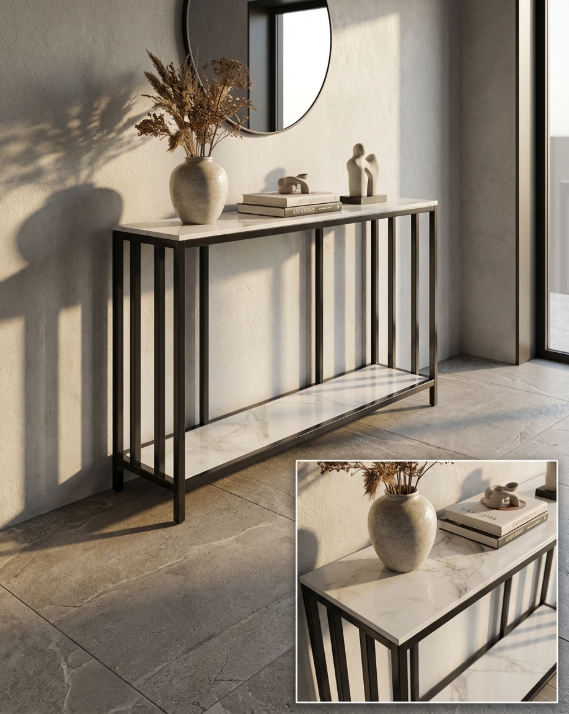 Interior Ave Bronte White Marble Stone Console Table Dual Layer 120cm