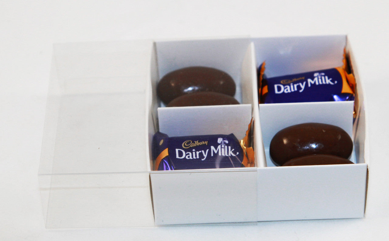 White Card Gift Box 100 Pack - 4 Bay Compartments - 8x8x3cm with Clear Lid - SuperSaverAU - view 1