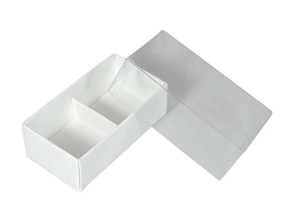 50 Pack of White Card Chocolate Sweet Soap Product Retail Gift Box - 2 Bay Compartments - Clear Slide On Lid - 8x4x3cm - SuperSaverAU - view 1