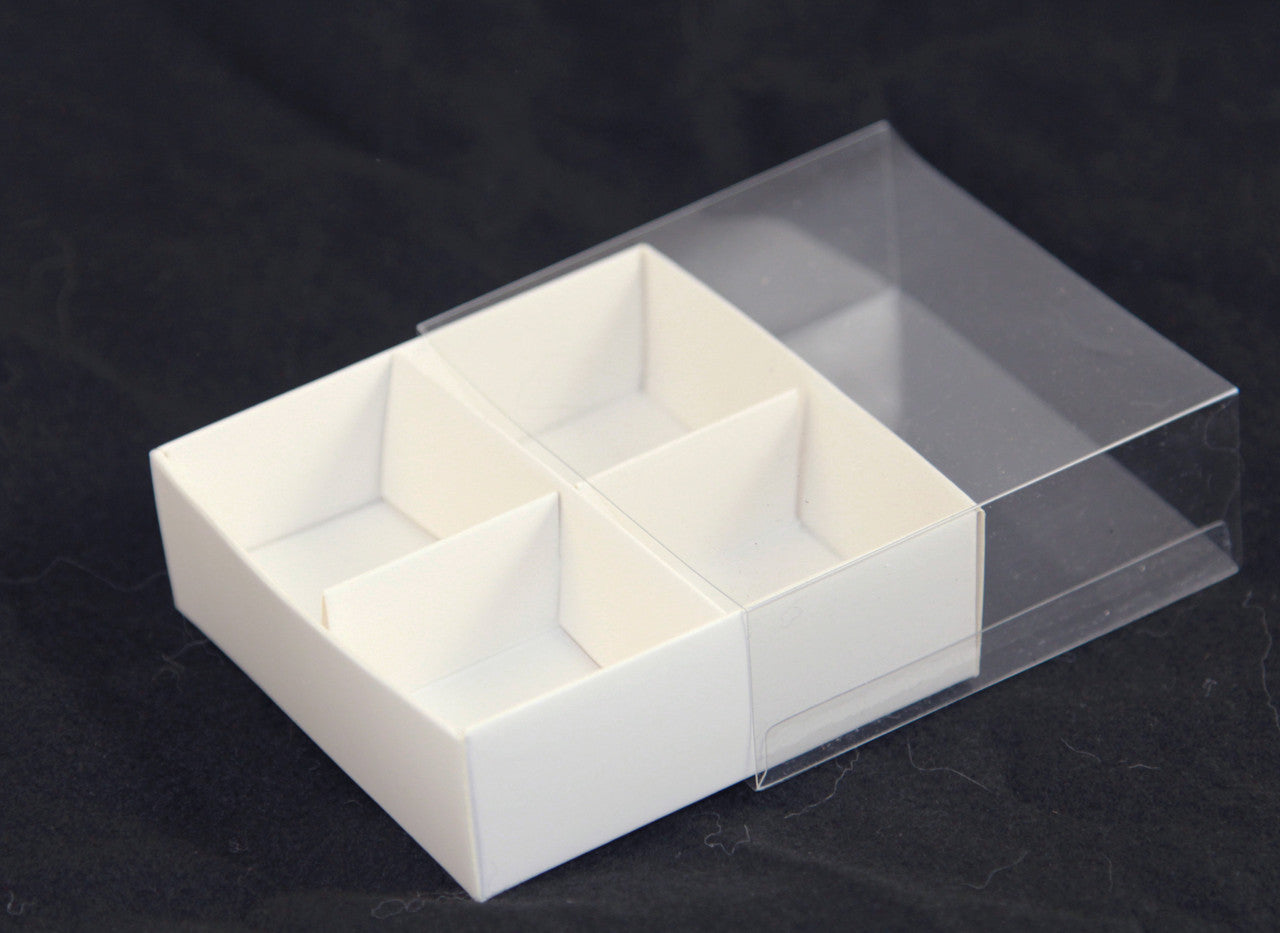 50 Pack of White Card Chocolate Sweet Soap Product Retail Gift Box - 4 Bay Compartments - Clear Slide On Lid - 8x8x3cm - SuperSaverAU - view 3