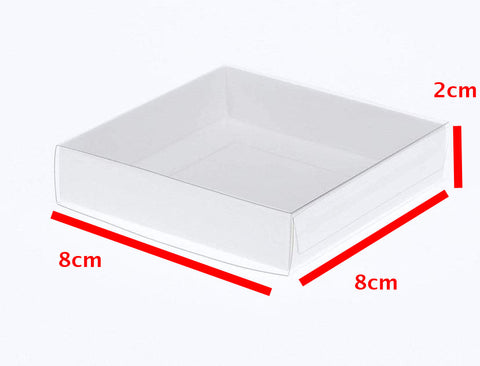 50 Pack of 8cm Square Wedding Invitation Coaster Favor Function product Presentation Cookie Biscuit Patisserie Gift Box - 2cm deep - White Card with Clear Slide On PVC Lid - SuperSaverAU - view 1