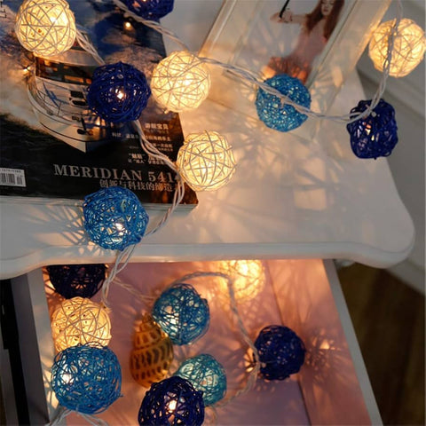 1 Set of Blue n White 5cm Rattan Cane 20 Ball Battery Powered 3m String Lights Christmas Gift Home Wedding Party Bedroom Decoration Table Centrepiece - SuperSaverAU - view 1