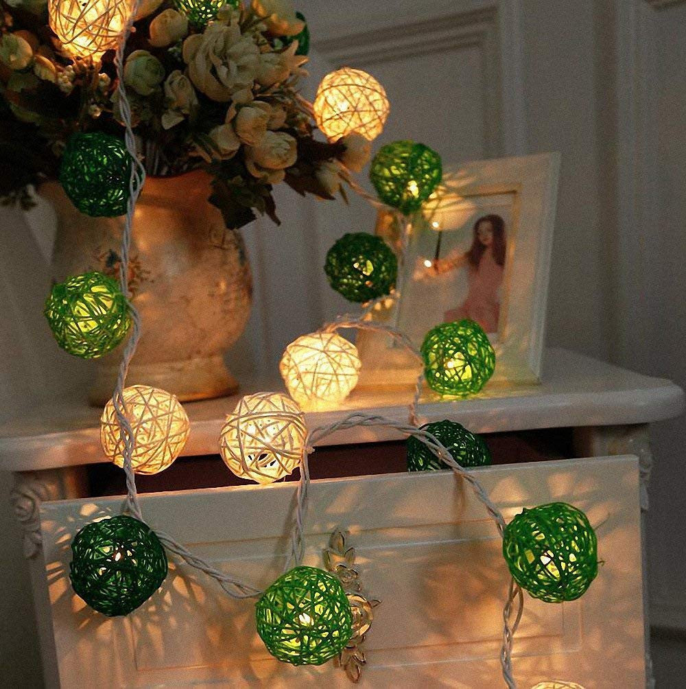 1 Set of Green n White 5cm Rattan Cane 20 Ball Battery Powered 3m String Lights Christmas Gift Home Wedding Party Bedroom Decoration Table Centrepiece - SuperSaverAU - view 5