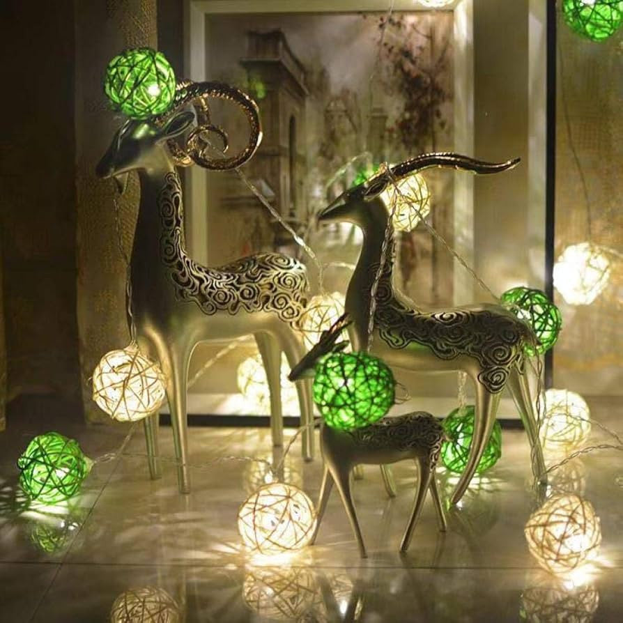 1 Set of Green n White 5cm Rattan Cane 20 Ball Battery Powered 3m String Lights Christmas Gift Home Wedding Party Bedroom Decoration Table Centrepiece - SuperSaverAU - view 6