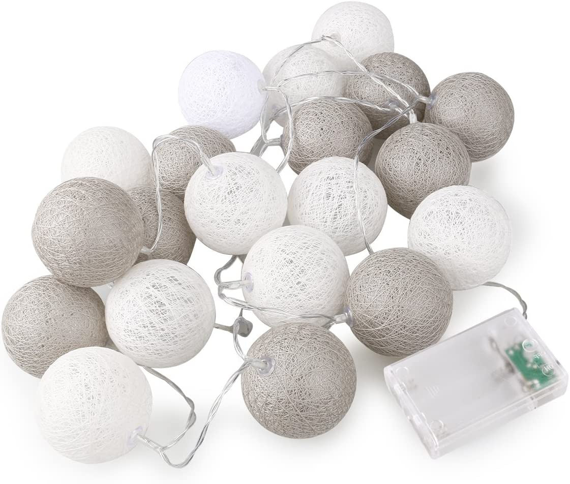 1 Set of 20 LED Grey White 5cm Cotton Ball Battery Powered String Lights Gift Home Wedding Party Bedroom Decoration Outdoor Indoor Table Centrepiece - SuperSaverAU - view 1