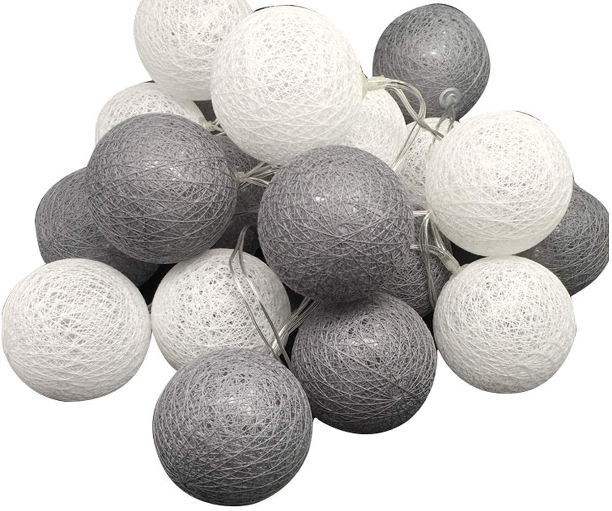 1 Set of 20 LED Grey White 5cm Cotton Ball Battery Powered String Lights Gift Home Wedding Party Bedroom Decoration Outdoor Indoor Table Centrepiece - SuperSaverAU - view 2