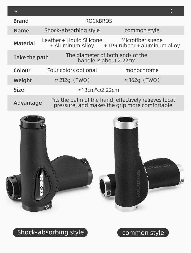 ROCKBROS Deluxe MTB Handlebar Grips with Double Lock Rings - Blue, 2.22cm