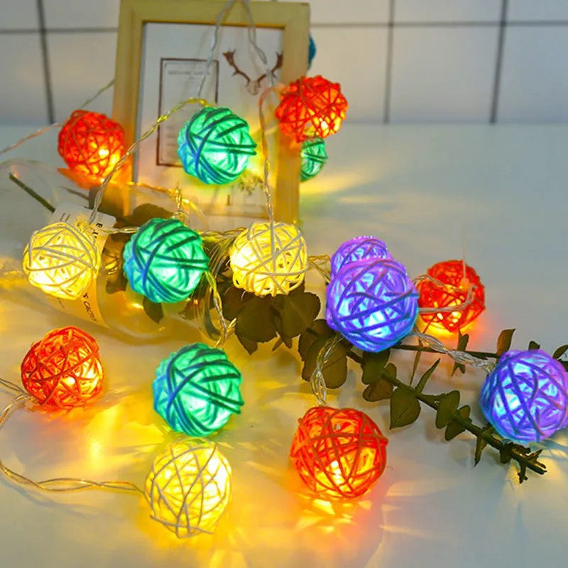 1 Set of Multi Coloured 5cm Rattan Cane 50 Ball Battery Powered LONG 5m String Lights Christmas Gift Home Wedding Party Bedroom Decoration Table Centrepiece - SuperSaverAU - view 3