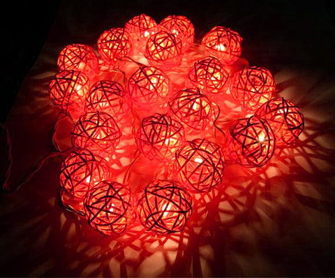1 Set of Orange 5cm Rattan Cane 20 Ball Battery Powered 3m String Lights Christmas Gift Home Wedding Party Bedroom Decoration Table Centrepiece - SuperSaverAU - view 1