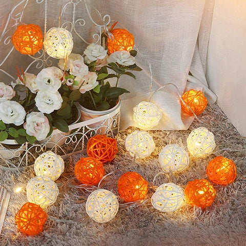 1 Set of Orange n White 5cm Rattan Cane 20 Ball Battery Powered 3m String Lights Christmas Gift Home Wedding Party Bedroom Decoration Table Centrepiece - SuperSaverAU - view 1