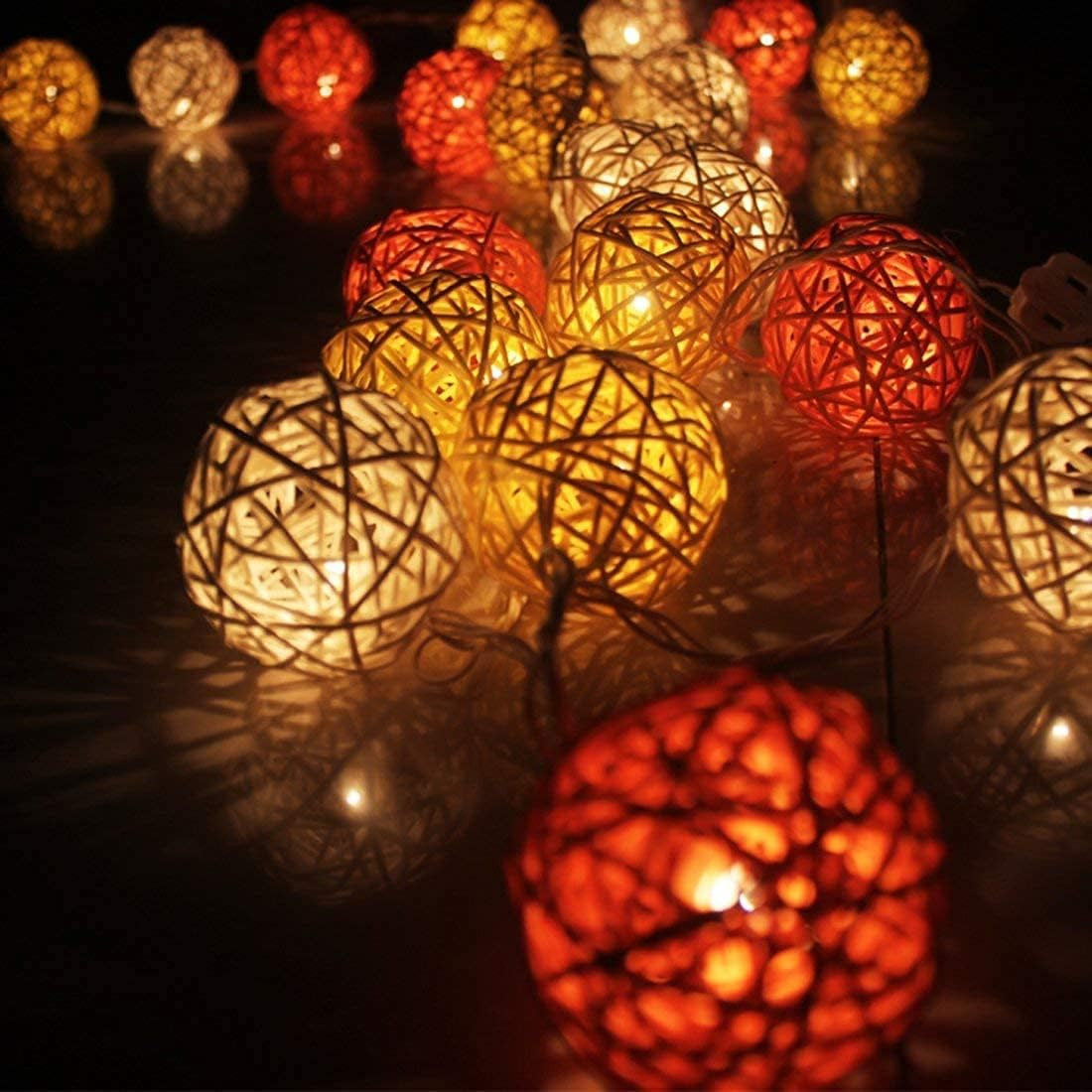 1 Set of Orange n White 5cm Rattan Cane 20 Ball Battery Powered 3m String Lights Christmas Gift Home Wedding Party Bedroom Decoration Table Centrepiece - SuperSaverAU - view 3
