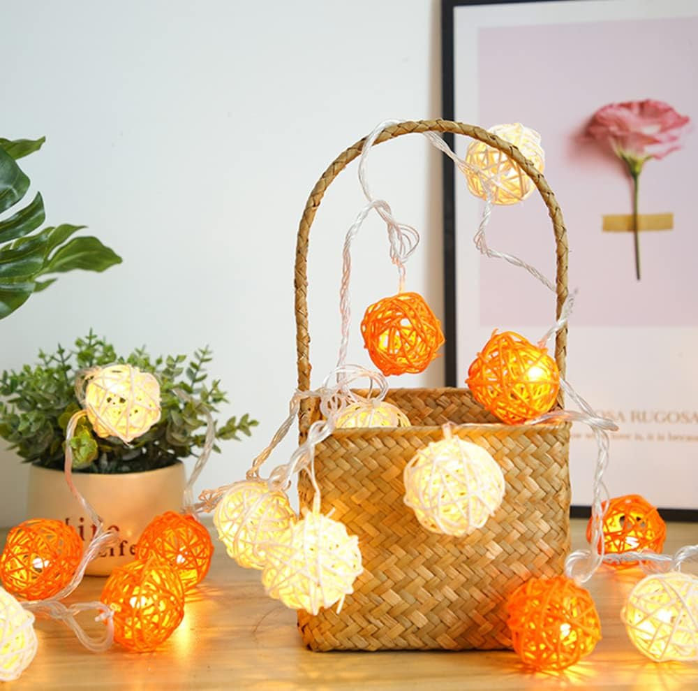 1 Set of Orange n White 5cm Rattan Cane 50 Ball Battery Powered LONG 5m String Lights Christmas Gift Home Wedding Party Bedroom Decoration Table Centrepiece - SuperSaverAU - view 2