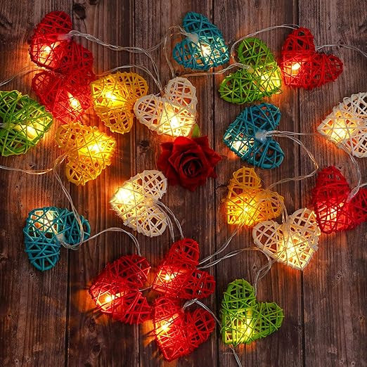 Premium Rainbow 3D Hollowed Rattan Heart Fairy Lights - 50 LEDs, 5m