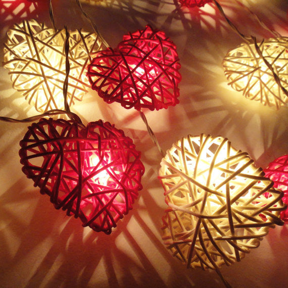 Premium Red and White 3D Hollowed Rattan Heart Fairy Lights - 50 LEDs, 5m