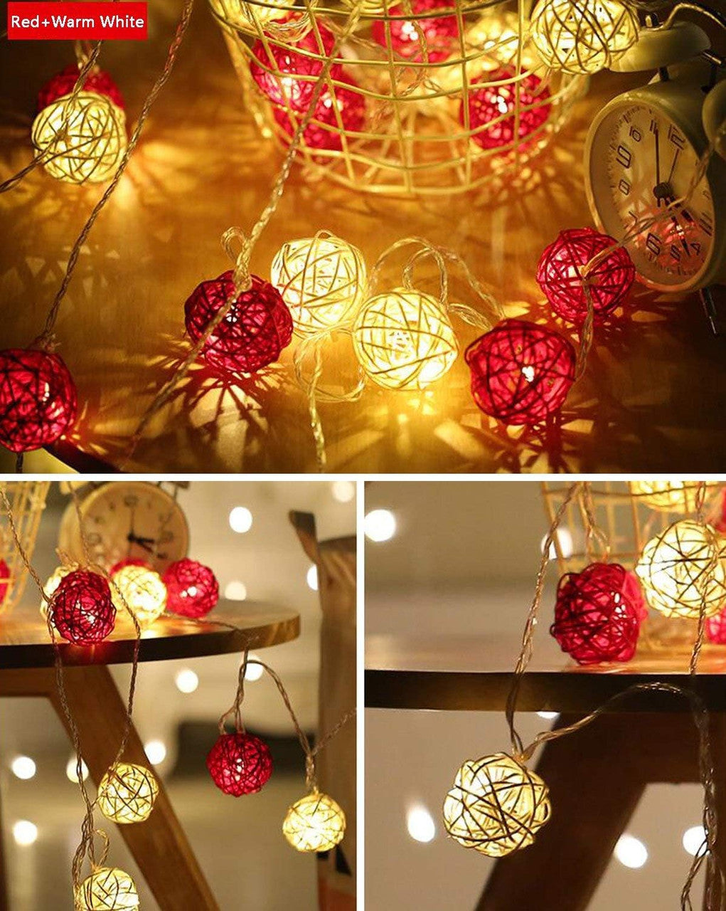 1 Set of Red and White 5cm Rattan Cane 50 Ball Battery Powered LONG 5m String Lights Christmas Gift Home Wedding Party Bedroom Decoration Table Centrepiece - SuperSaverAU - view 3