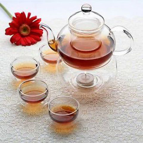 1 Set of Gongfu Chinese Ceremony Tea Set - 6 Glass cups with Infuser and Tealight Candle Pot Warmer - SuperSaverAU - view 1