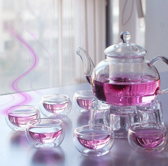 1 Set of Gongfu Chinese Ceremony Tea Set - 6 Glass cups with Infuser and Tealight Candle Pot Warmer - SuperSaverAU - view 2
