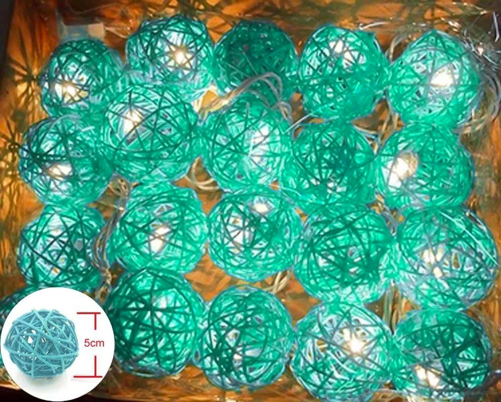 1 Set of Turquoise Blue 5cm Rattan Cane 50 Ball Battery Powered LONG 5m String Lights Christmas Gift Home Wedding Party Bedroom Decoration Table Centrepiece - SuperSaverAU - view 3