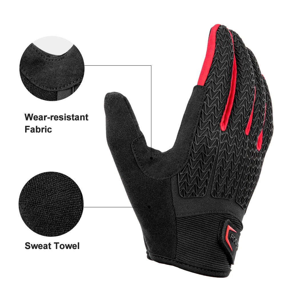 ROCKBROS Full Finger Cycling Gloves with Touchscreen Fingers - Red, Large