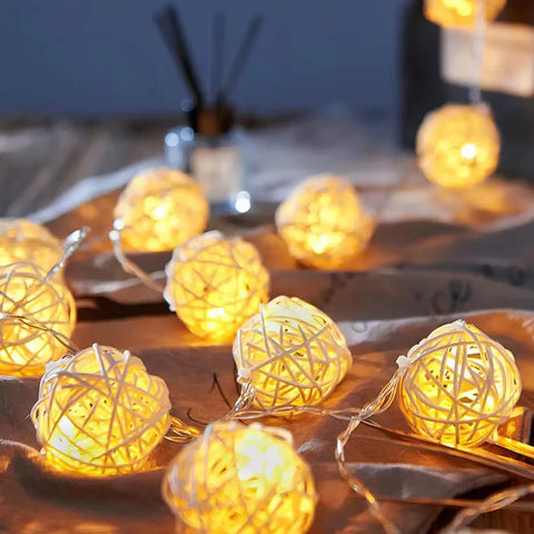 1 Set of Yellow 5cm Rattan Cane 50 Ball Battery Power LONG 5m String Lights Christmas Gift Home Wedding Party Bedroom Decoration Table Centrepiece - SuperSaverAU - view 1