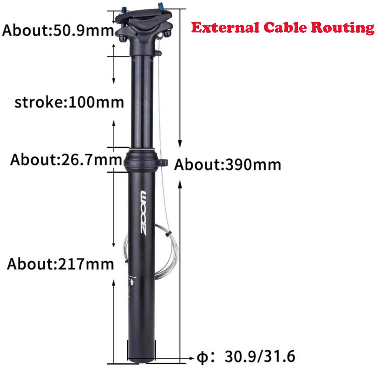 ZOOM Dropper Seatpost 30.9mm Diameter 100mm Travel External Cable Routing - SuperSaverAU - view 4
