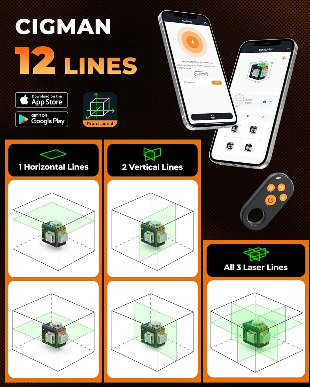 CIGMAN CM-S03 3x360° Green Laser Level with LCD & Bluetooth