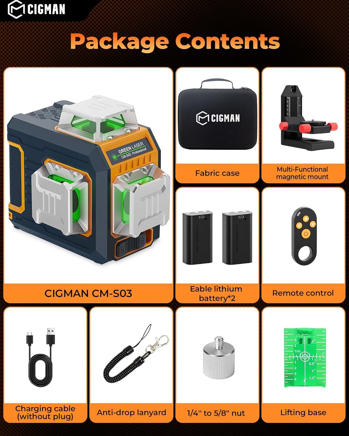 CIGMAN CM-S03 3x360° Green Laser Level with LCD & Bluetooth