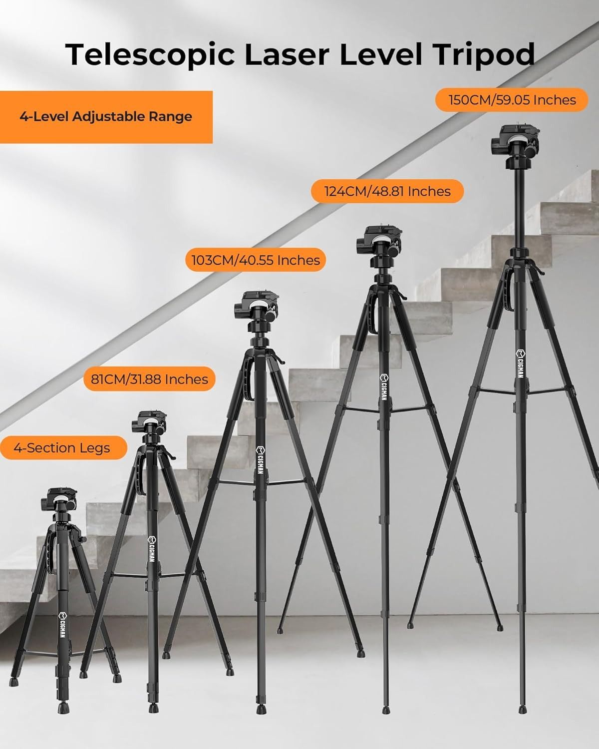 CIGMAN 59-Inch Adjustable Laser Level Tripod with Phone Holder