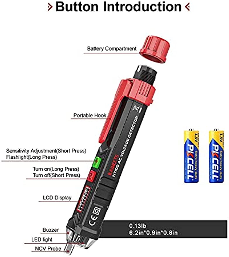 KAIWEETS HT100 Non Contact Voltage Tester AC Electricity Detect Pen 12V-1000V/48V-1000V Dual Range with LCD Display LED Flashlight Buzzer Alarm Wire Breakpoint Finder - SuperSaverAU - view 6