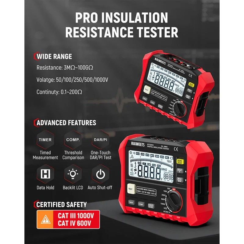 KAIWEETS Megohmmeter Insulation Resistance Tester with DAR/PI - 100GΩ