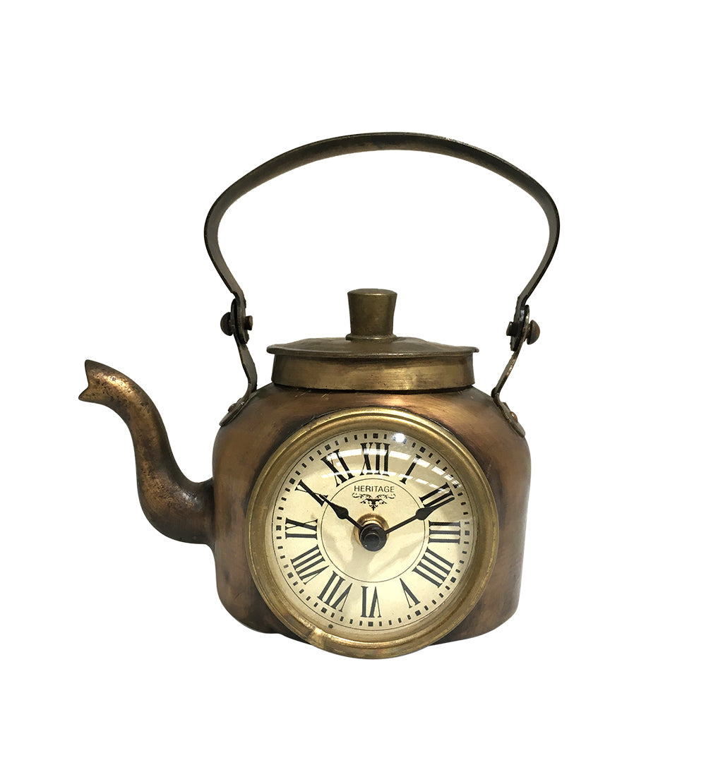 Old Brass Tea Kettle Clock - Hand Crafted, Battery Operated, 180mm x 140mm x 130mm - SuperSaverAU - view 1