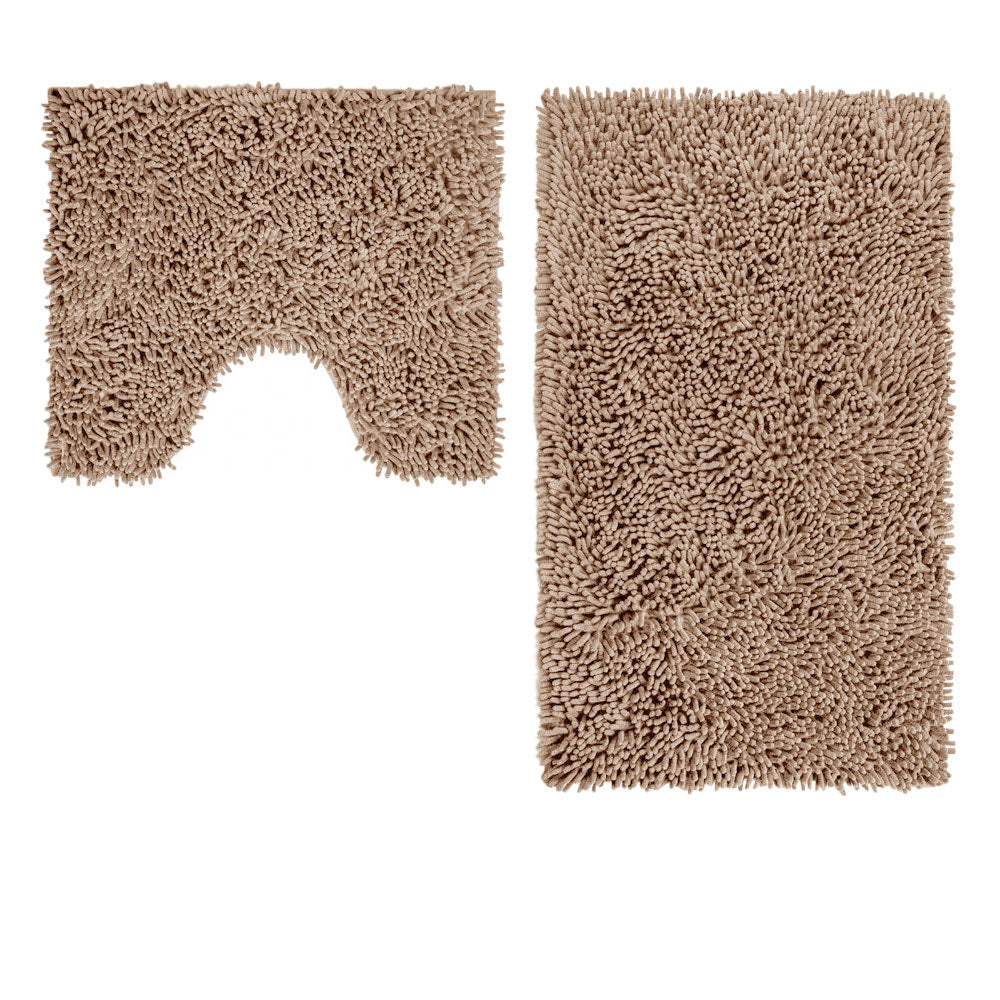 Mocha 2 Pce Shaggy 100% Cotton Bath Mat Set - Contour & Bath Mat 50x50cm, 50x80cm - SuperSaverAU - view 1