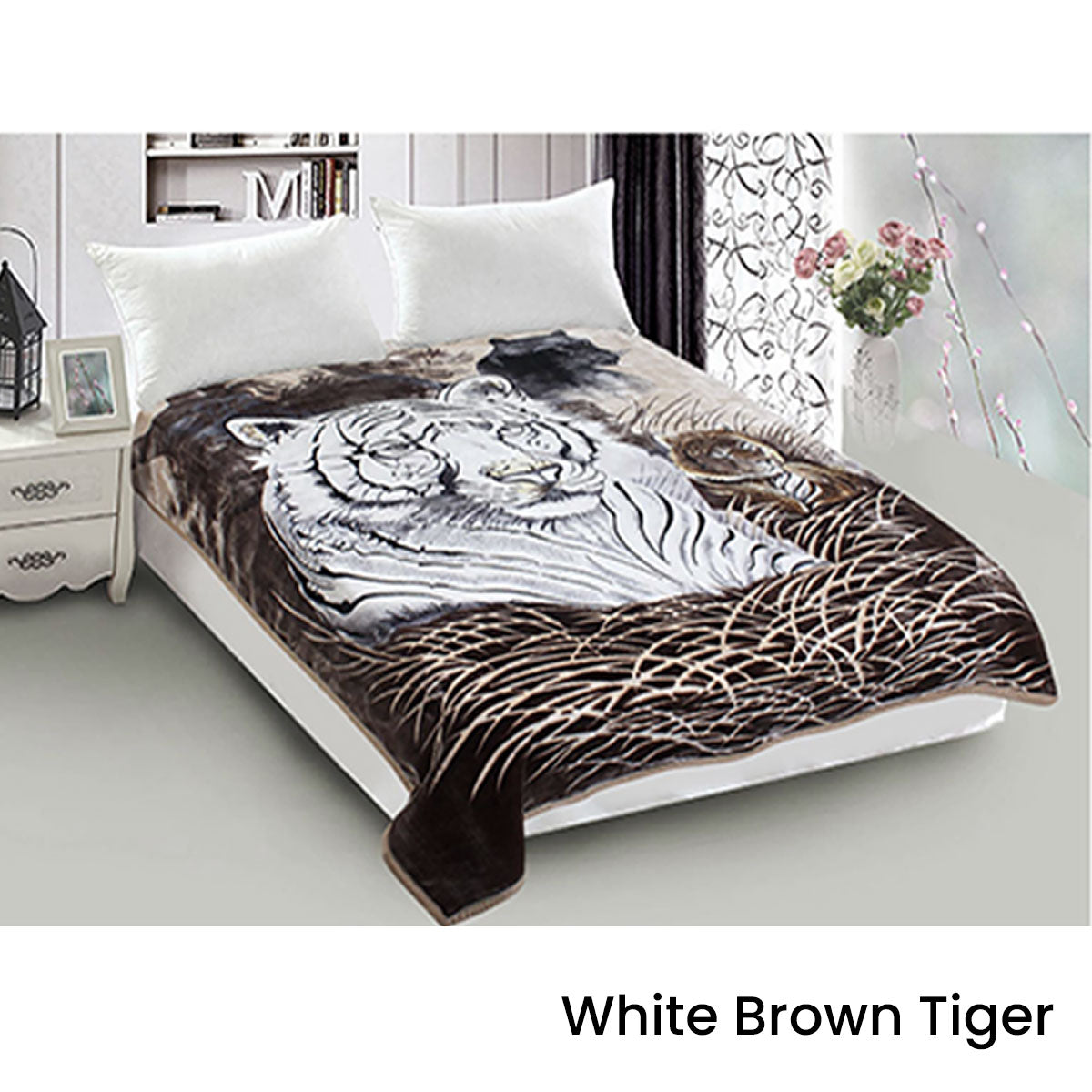 800GSM Luxury Reversible Animal Mink Blanket Queen 200 x 240 cm - White Brown Tiger - SuperSaverAU - view 1