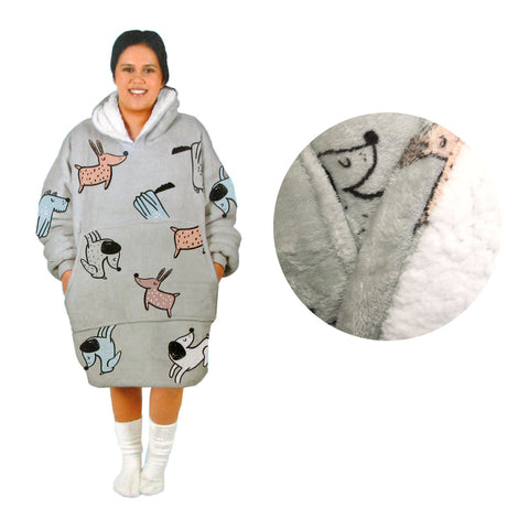 Adult Women Comfy Warm Blanket Hoodie - Sherpa Fleece Reverse - Grey Dogs - SuperSaverAU - view 1