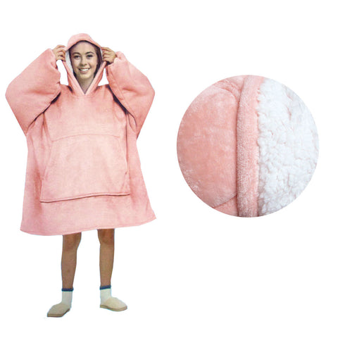 Adult Men Women Comfy Warm Blanket Hoodie - Sherpa Fleece Reverse, Coral - SuperSaverAU - view 1