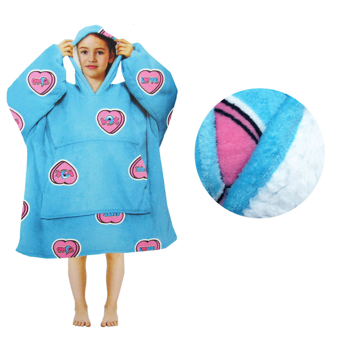 Girls Comfy Warm Blanket Hoodie - Sherpa Fleece Reverse, Love Hearts, Kid Size - SuperSaverAU - view 1