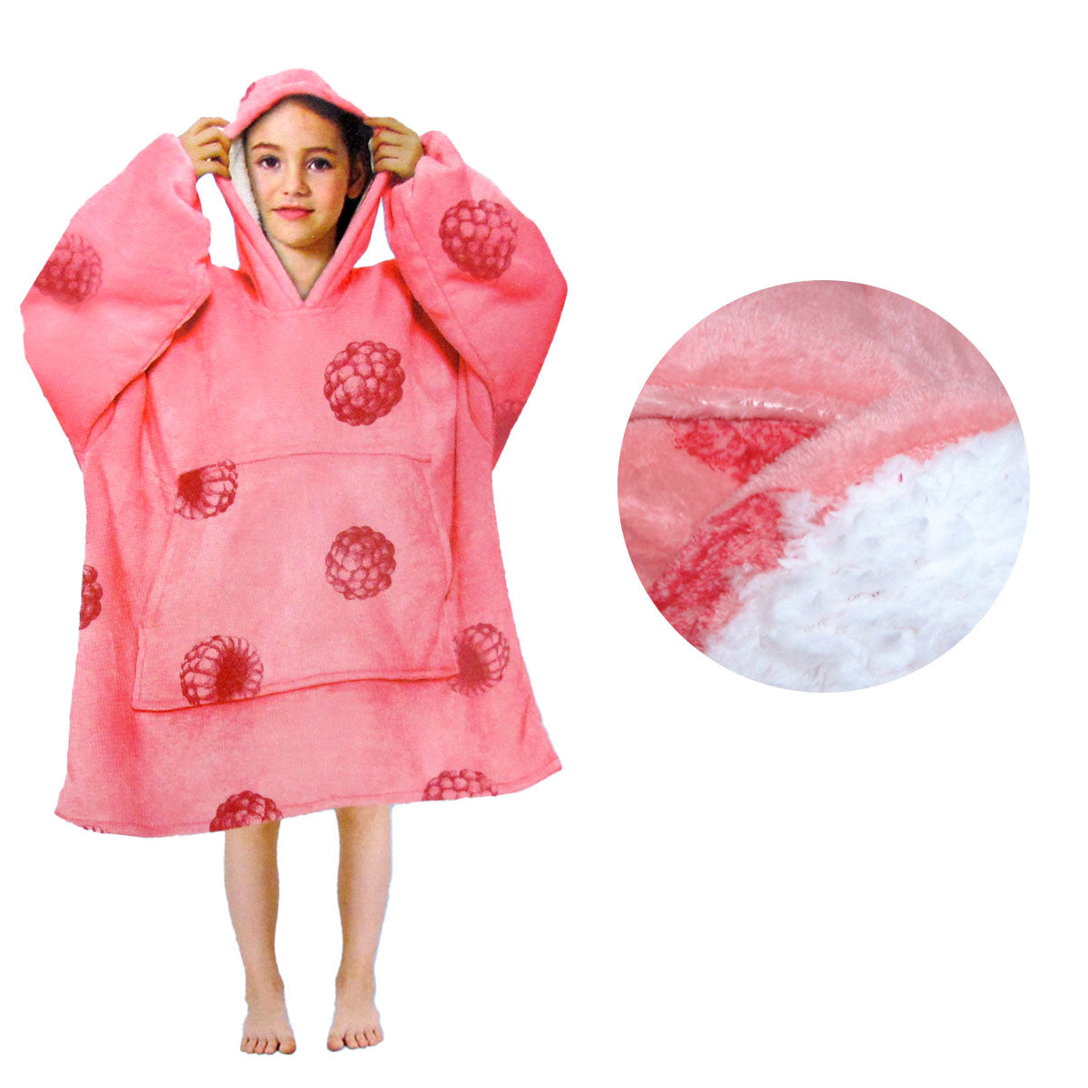 Girls Comfy Warm Blanket Hoodie - Sherpa Fleece Reverse, Kid Size, Raspberry - SuperSaverAU - view 1