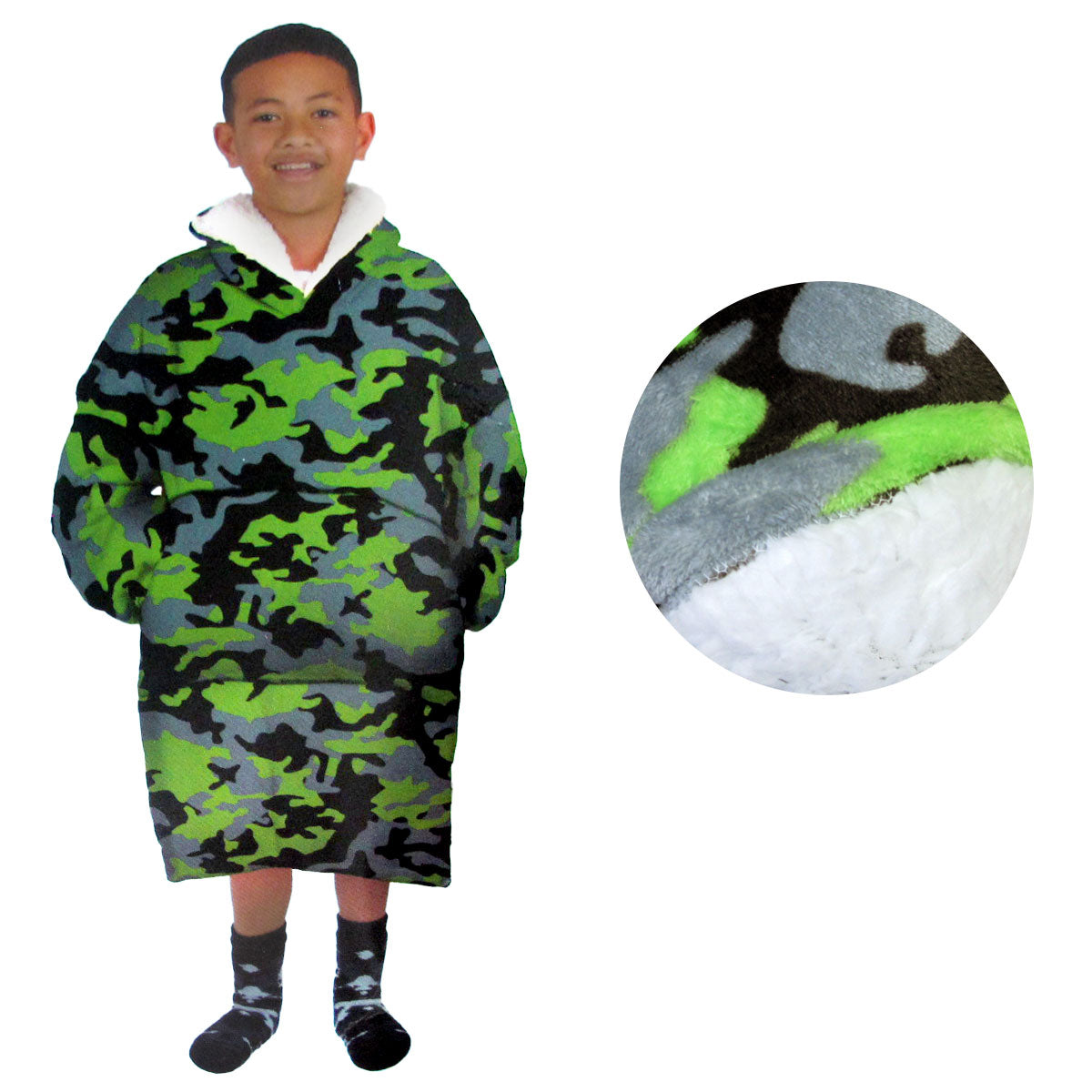 Kids Boys Girls Comfy Warm Blanket Hoodie Sherpa Fleece Reverse - Kid Size, Green Camouflage - SuperSaverAU - view 1