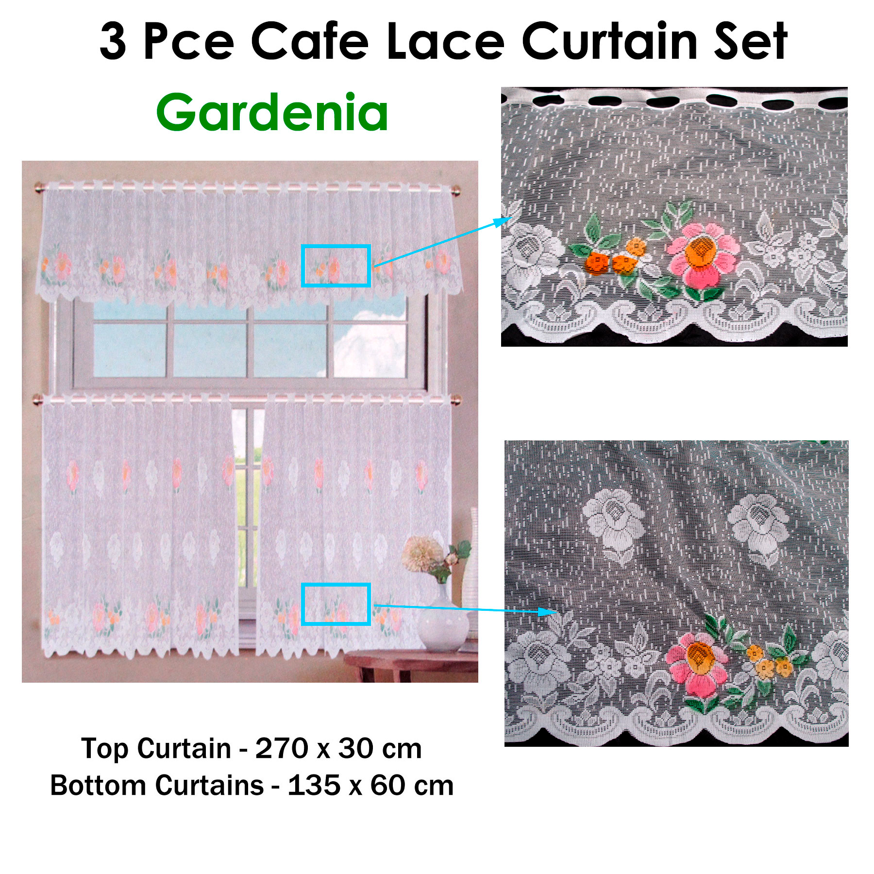 3 Pce Cafe Gardenia Lace Curtain Set - Floral Lace Design, 270x30cm & 135x60cm - SuperSaverAU - view 1