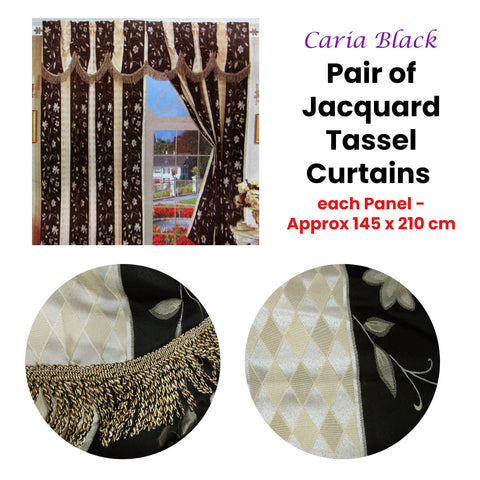 Caria Black Jacquard Tassels Curtains 145 x 210 cm - Unlined, Elegant Design - SuperSaverAU - view 1