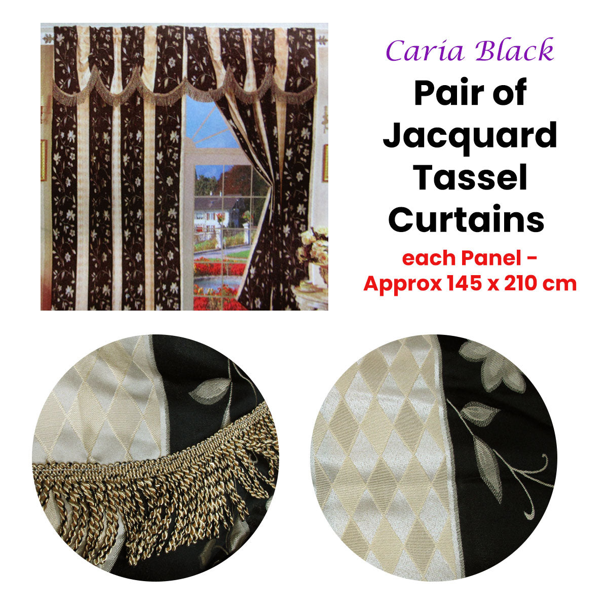 Caria Black Jacquard Tassels Curtains 145 x 210 cm - Unlined, Elegant Design - SuperSaverAU - view 1