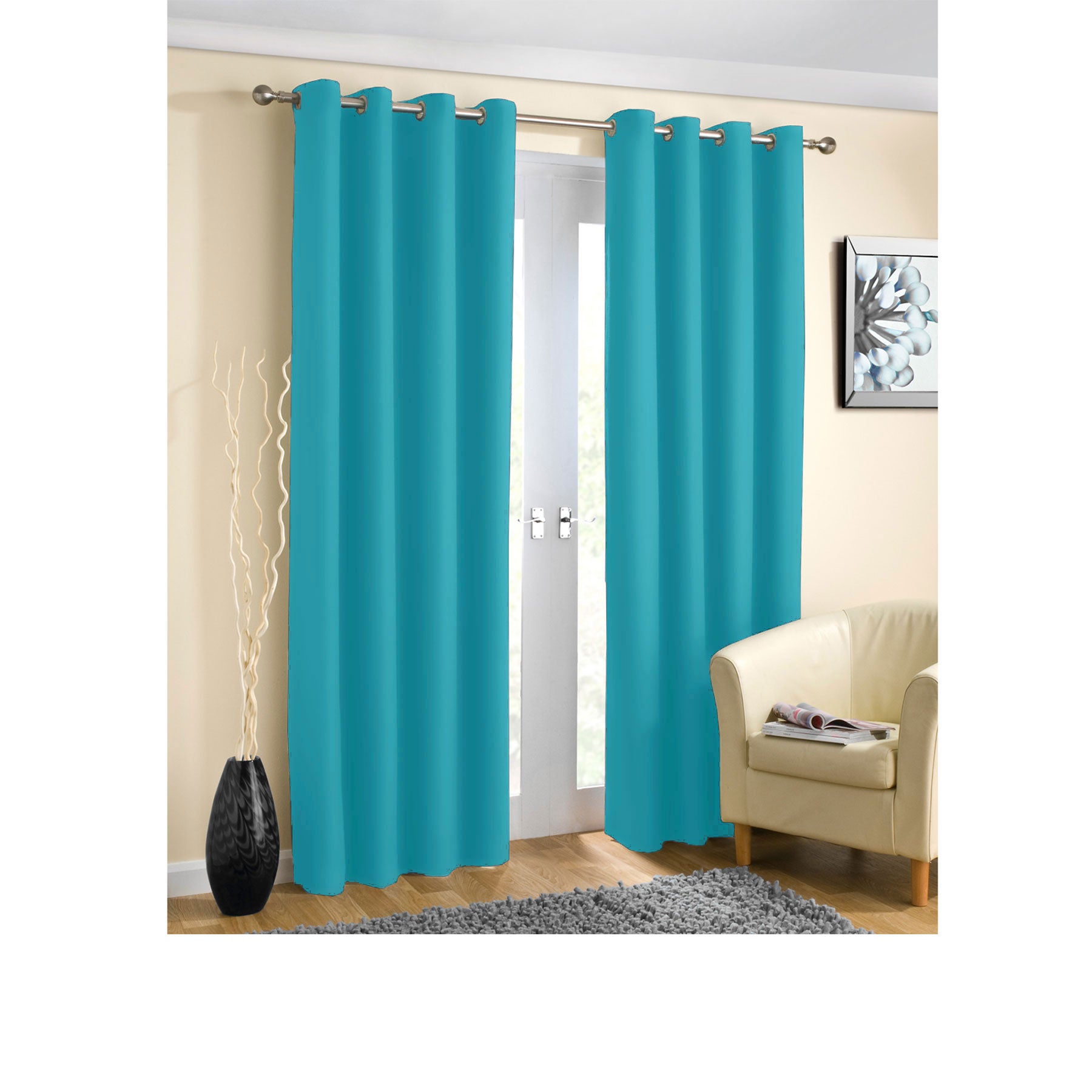Blue Pair of Blockout Plain Eyelet Curtains 140 x 223 cm - Thermal Lined, Easy Care - SuperSaverAU - view 1