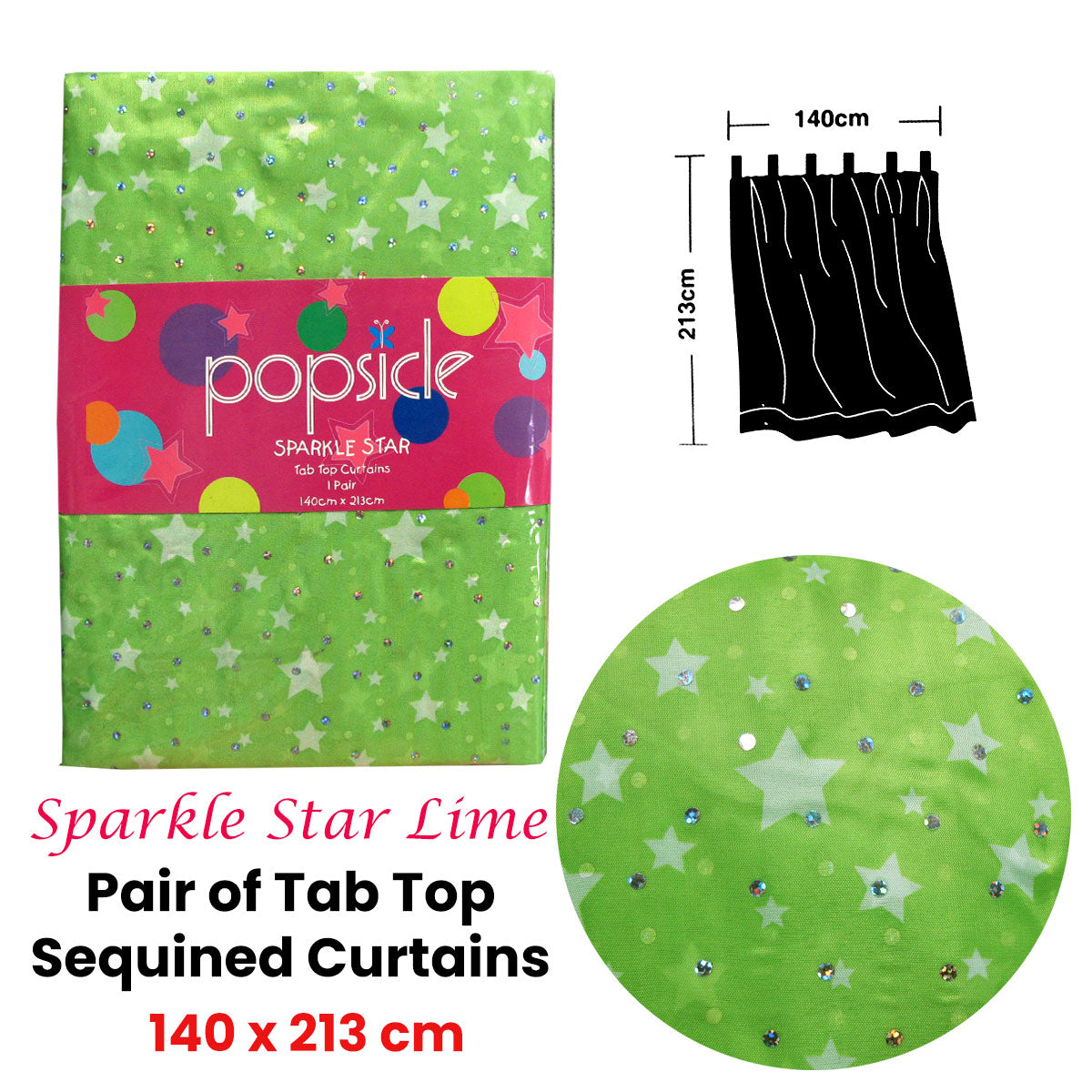 Organza Sequined Tab Top Curtains Sparkle Star Lime Green 140 x 213 cm - SuperSaverAU - view 1