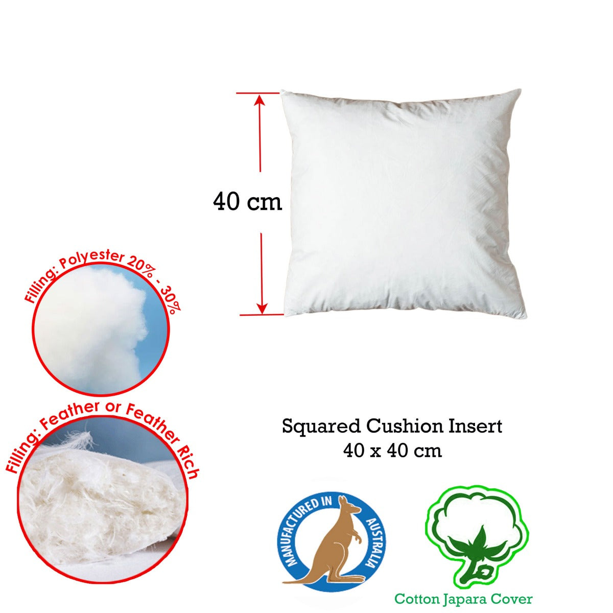 Duck Feather Rich Fill Cushion Inserter 40 x 40cm - Solid Colour, Made in Australia - SuperSaverAU - view 2