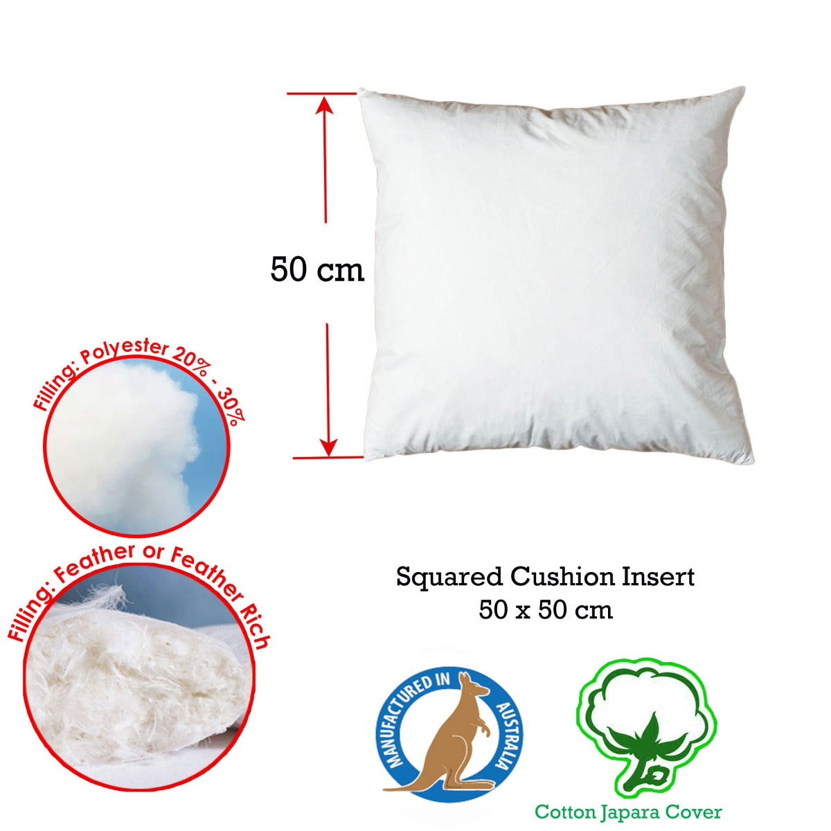 Duck Feather Rich Fill Cushion Inserter 50 x 50cm - Solid Colour, Made in Australia - SuperSaverAU - view 2