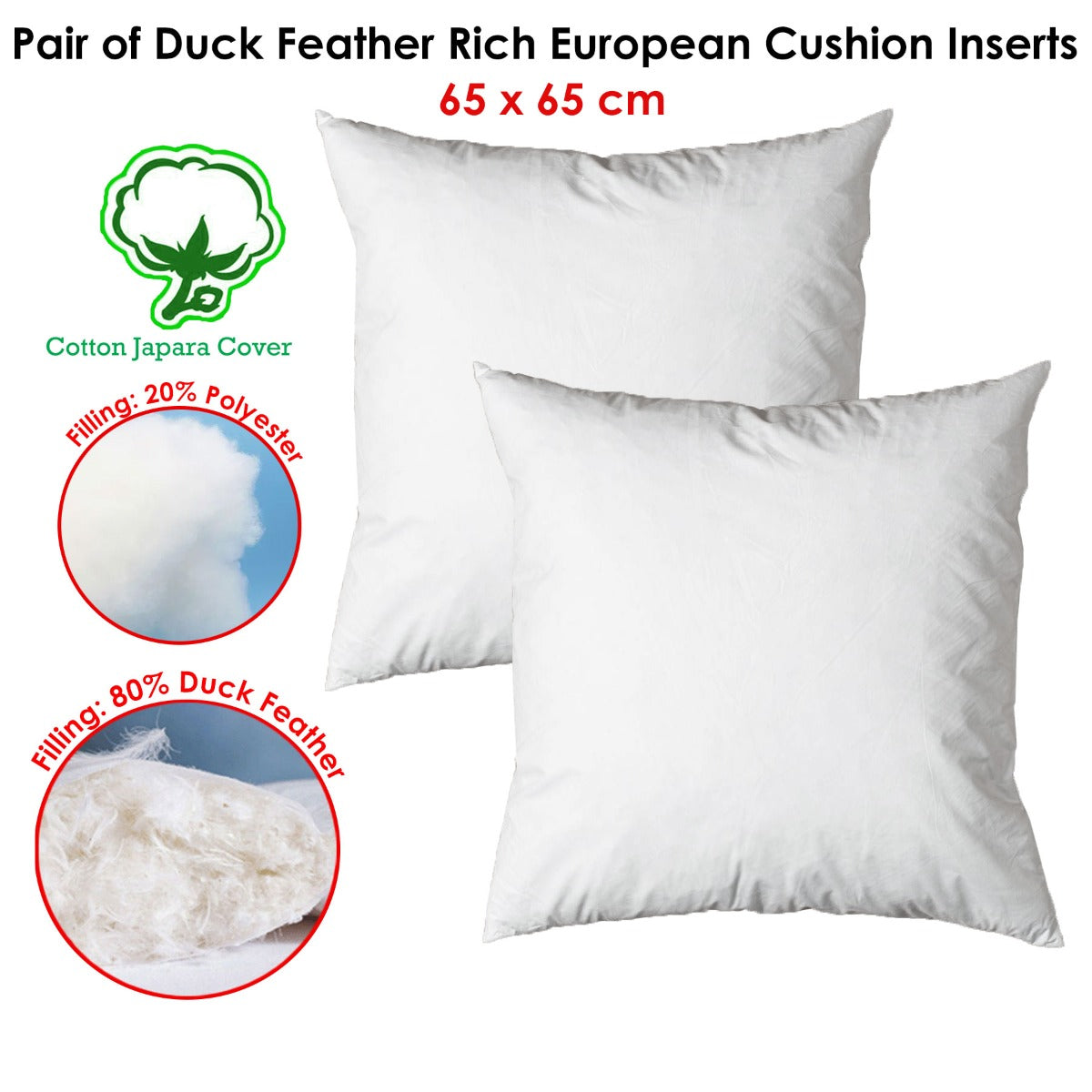 Duck Feather Rich Fill European Cushion Inserts 65 x 65 cm - 2 Pack - SuperSaverAU - view 2